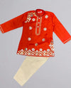 Orange Chanderi Kurta Set With Leather Applique